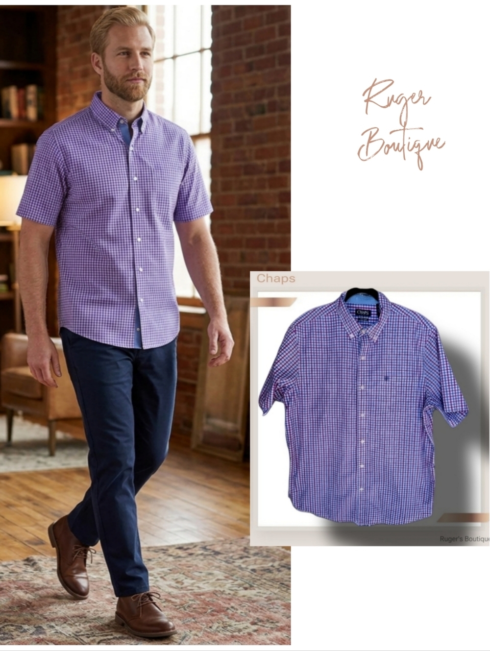 🌿Chaps Men's Blue & Purple Check Button Down Shirt, size XL - Picture 1 of 9